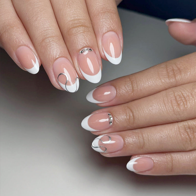 Short French White Edge Press On Nails – Rhinestone Chain Silver Line Fake Nails 