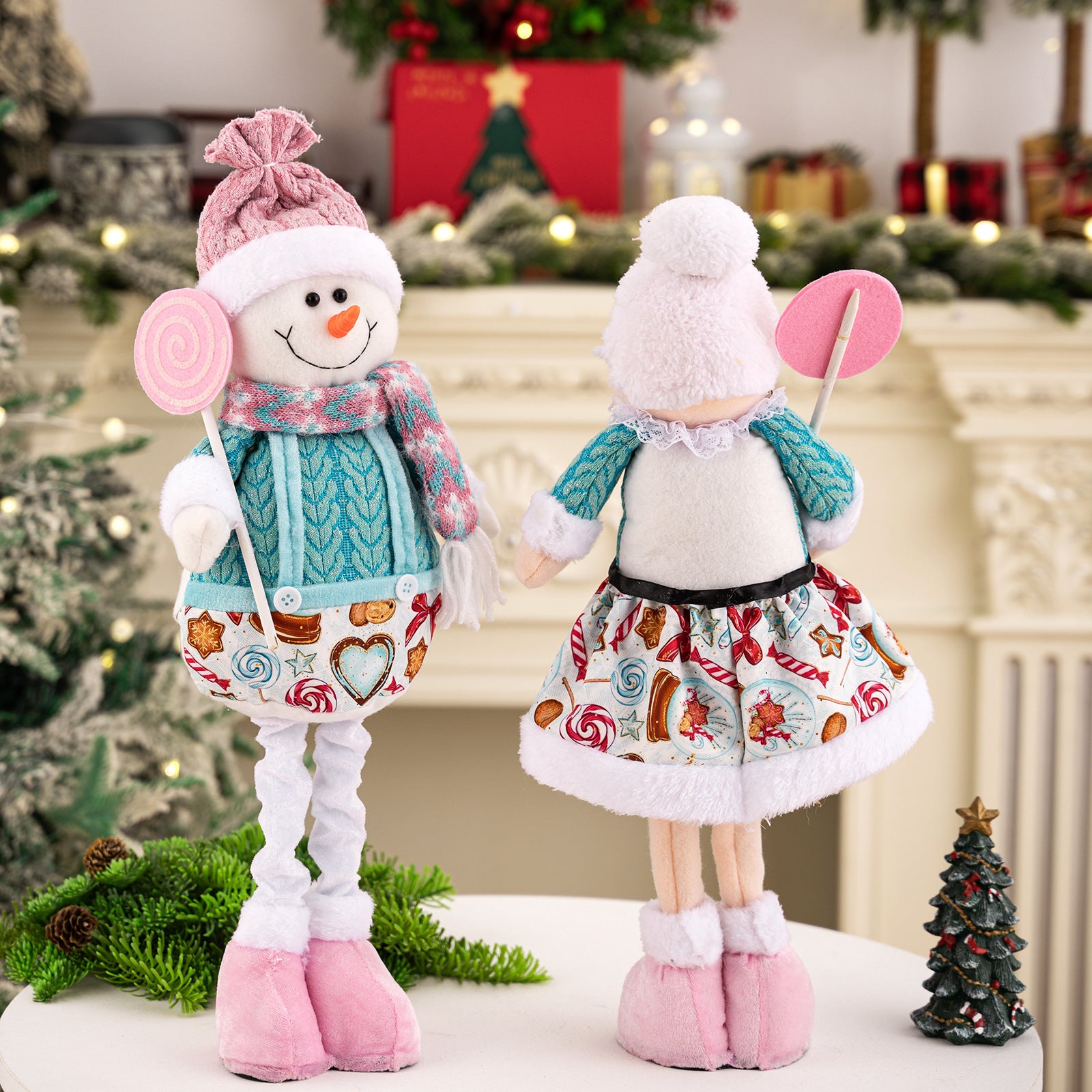 Pink Christmas Plush Decorations – Adjustable Santa & Snowman Figurines for Home or Shop Display
