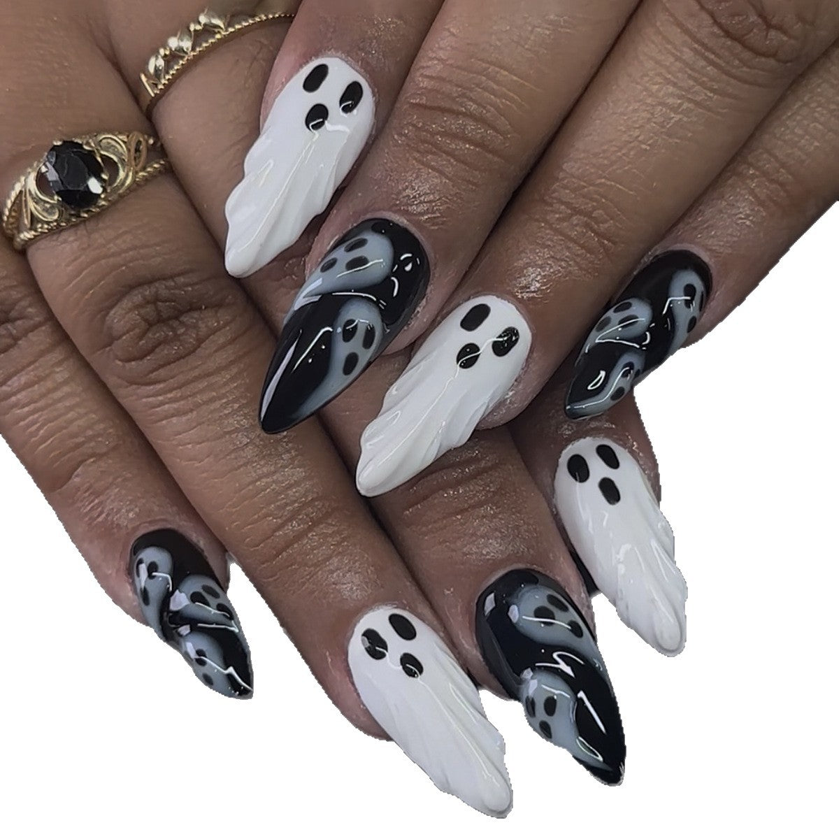 Halloween Ghost Press On Nails – 3D Black White Cartoon Design 24pcs 