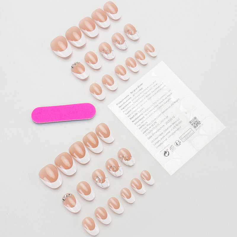 Short French White Edge Press On Nails – Rhinestone Chain Silver Line Fake Nails 