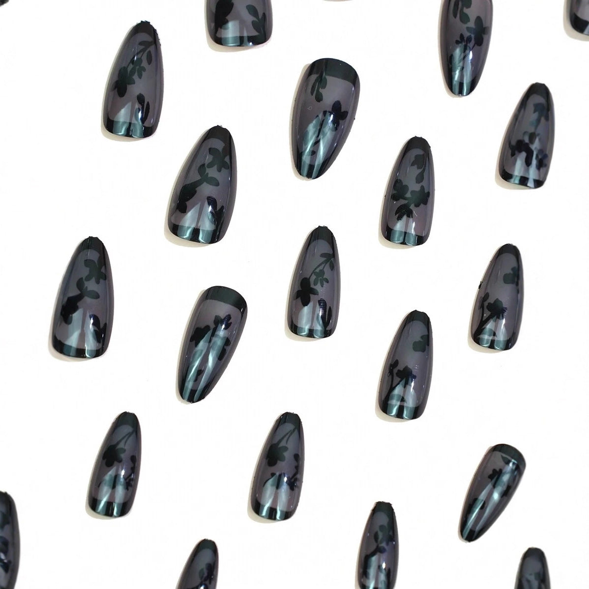 Black Flower Press On Nails – Short Almond Shape 24pcs 