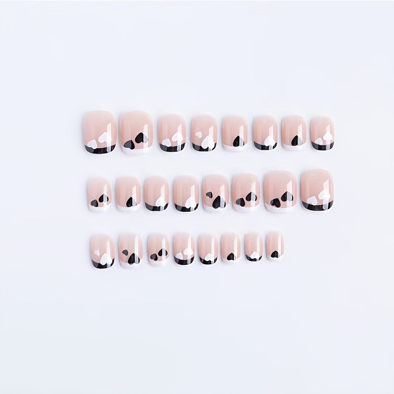 24pcs Black White French Heart Press On Nails – Sweet Cool Detachable Fake Nails 