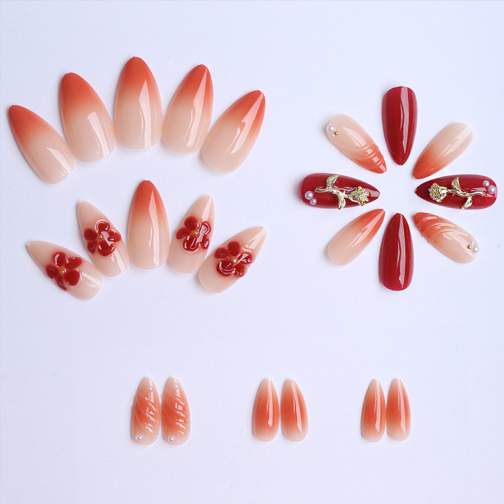 24pcs Almond Shape Press On Nails – Pearl Flower Glossy Fashion Fake Nails 