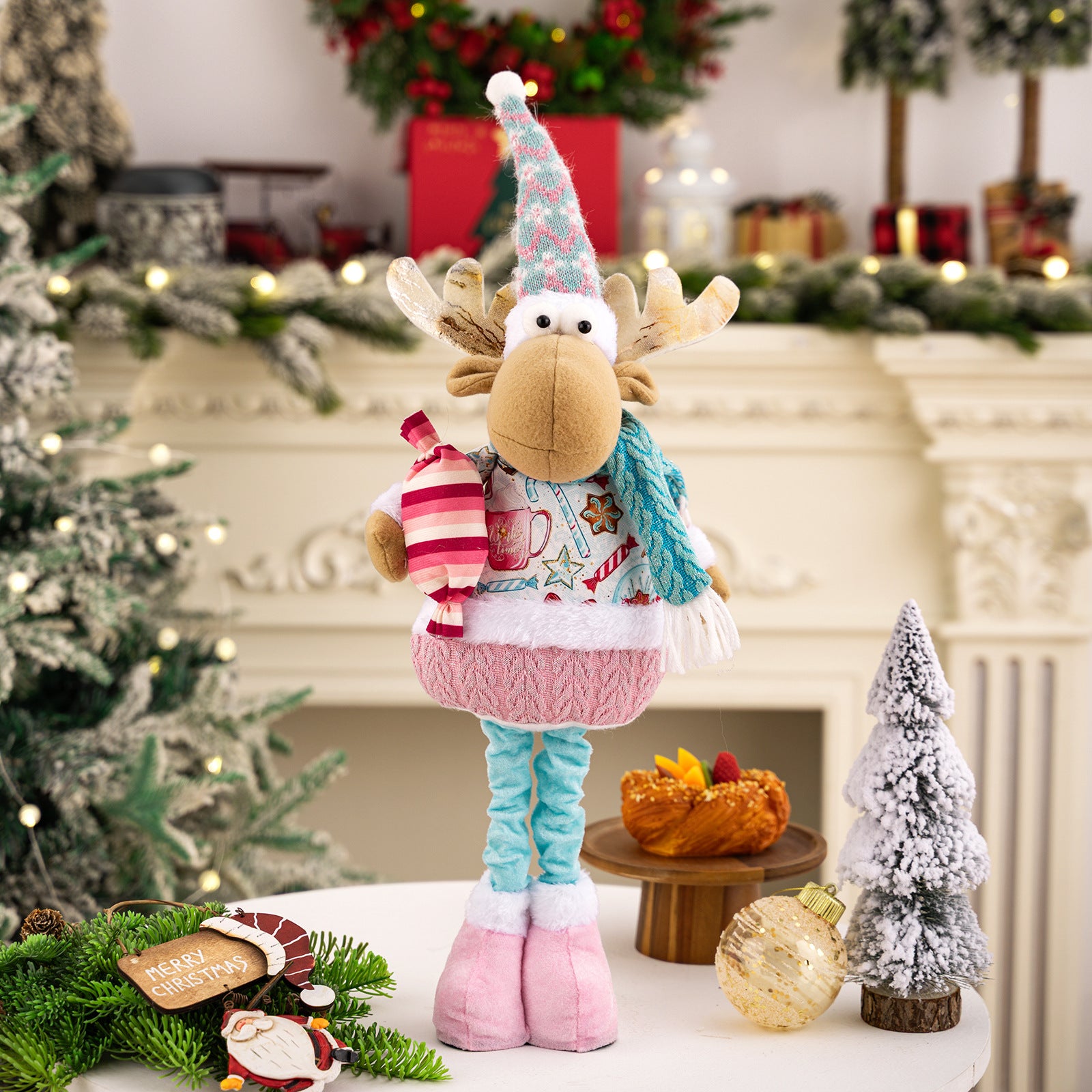 Pink Christmas Plush Decorations – Adjustable Santa & Snowman Figurines for Home or Shop Display
