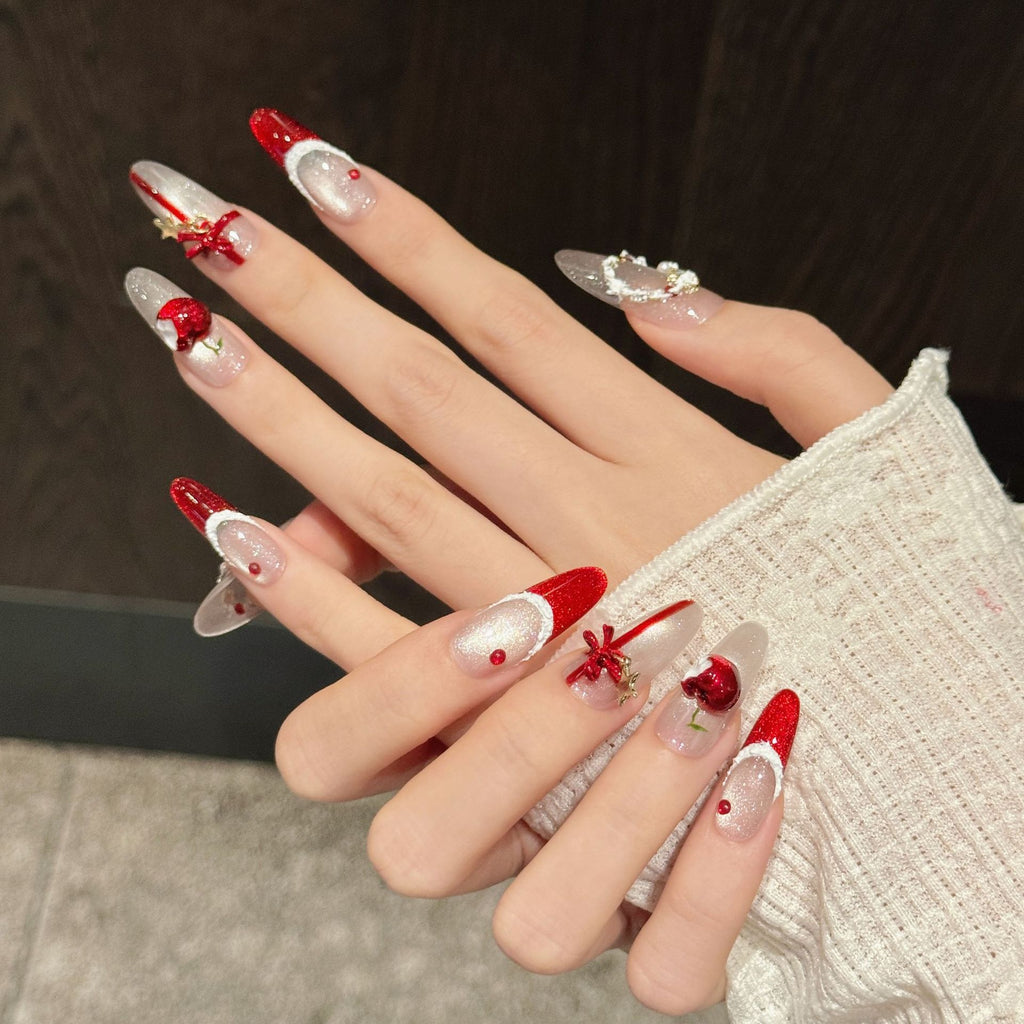 Christmas Wreath Red Cat Eye Nails – French Press-On Nails with Bow Design