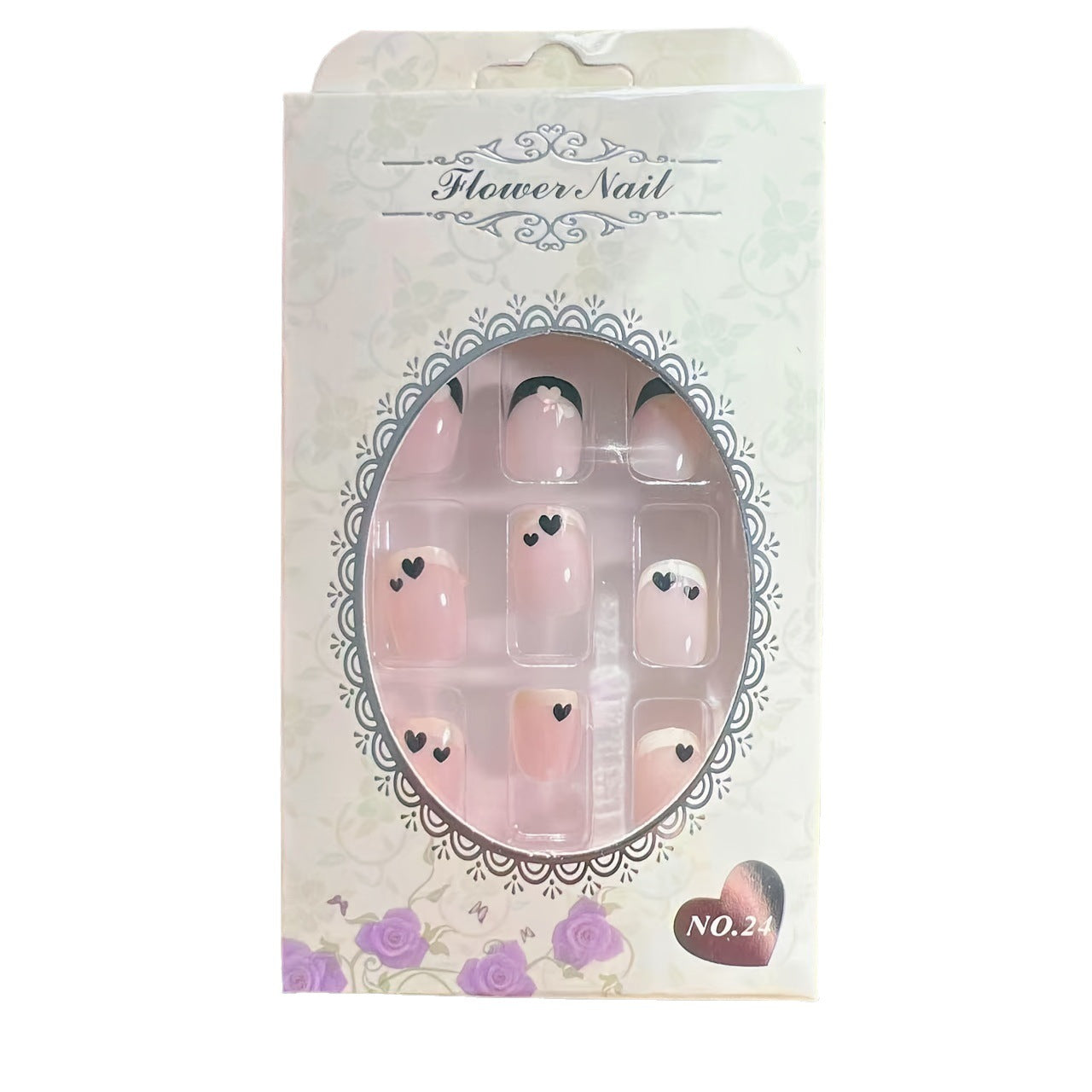 24pcs Black White French Heart Press On Nails – Sweet Cool Detachable Fake Nails 