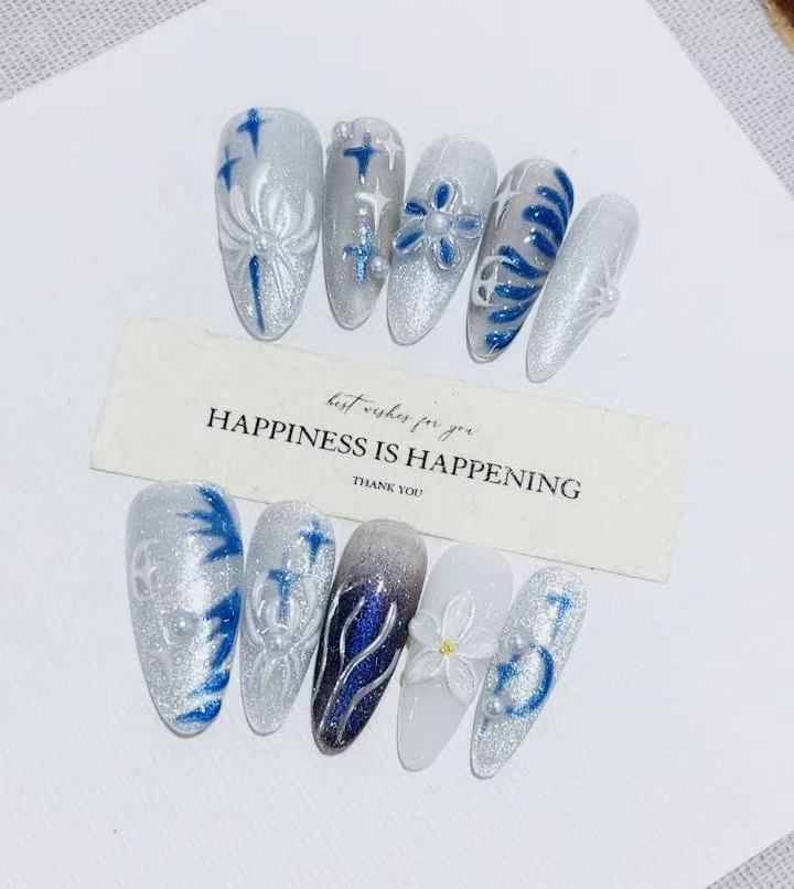 Handmade Press On Nails – Autumn Winter B348 Carved Floral Design 