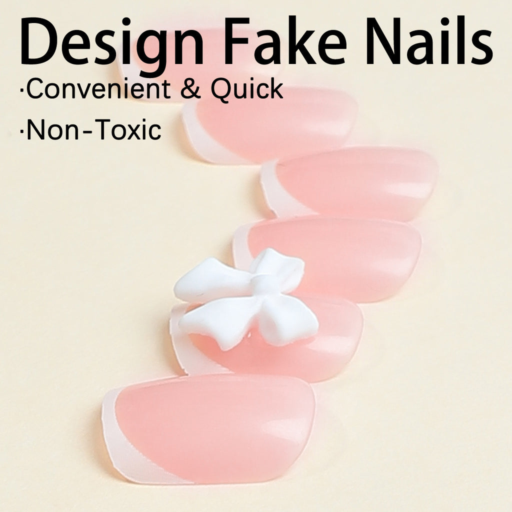 Handmade Butterfly Bow Press On Nails, Reusable Fake Nail Tips, Simple Nude Nail Art for Women, DIY Manicure Kit 