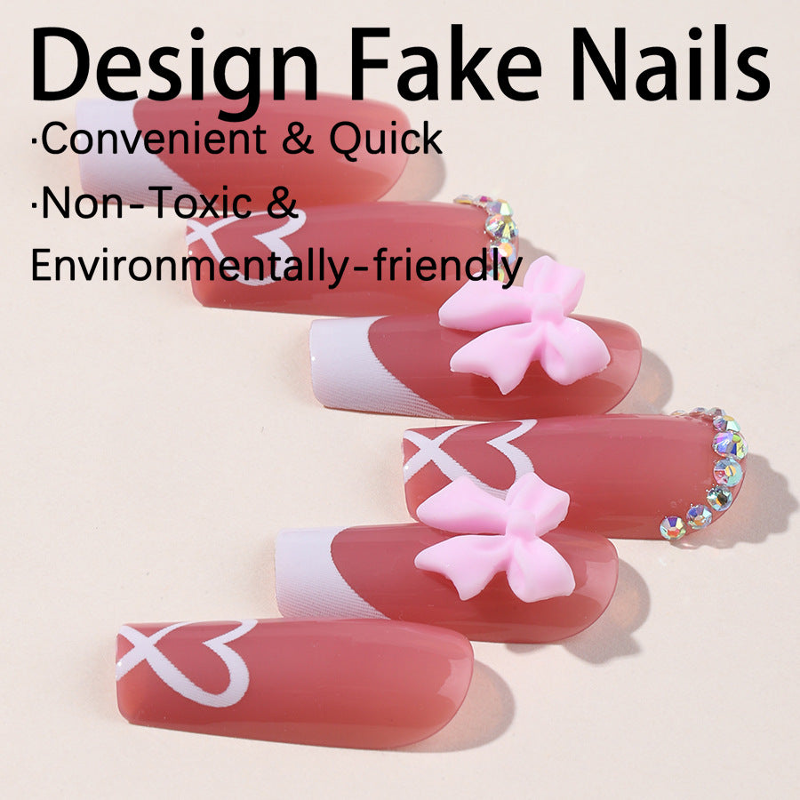 Handmade Butterfly Bow Press On Nails – Reusable Simple Fake Nail Tips, Elegant Nail Art for Women 