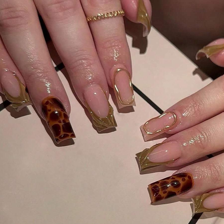 Leopard Print Press On Nails – Brown Green 3D Design 24pcs 