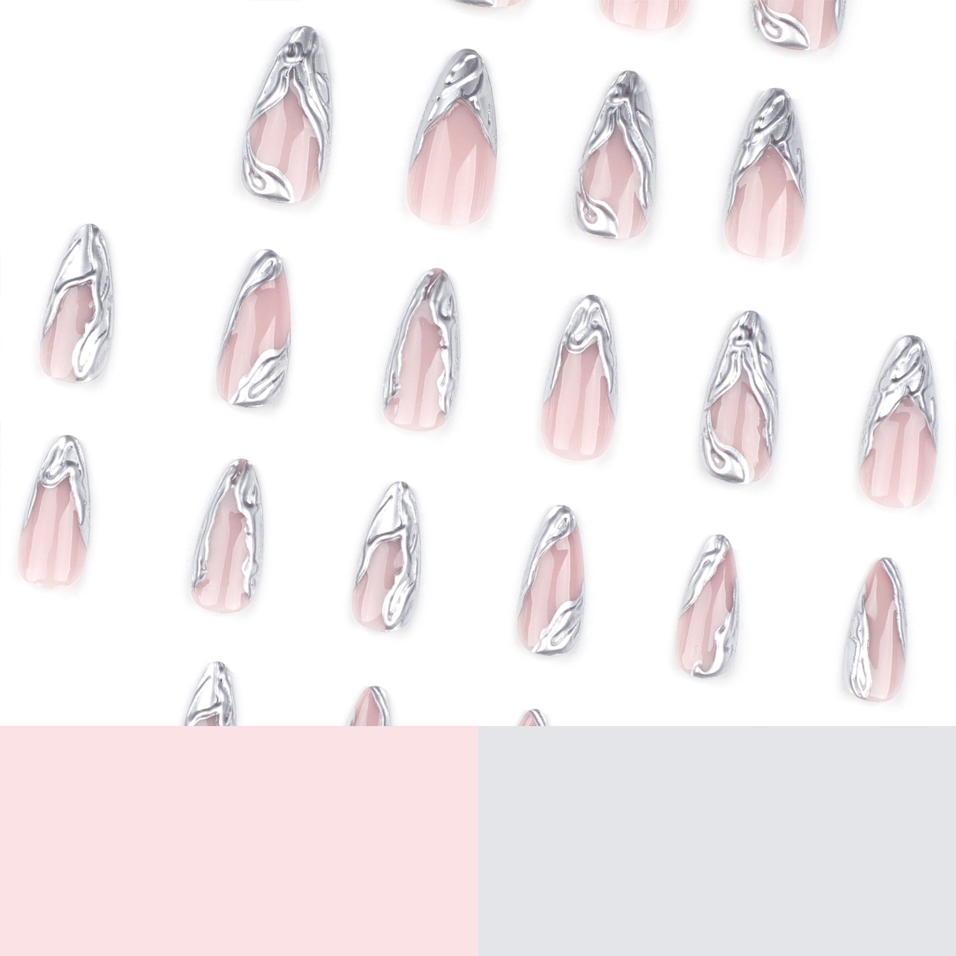 French Silver 3D Short Almond Press On Nails