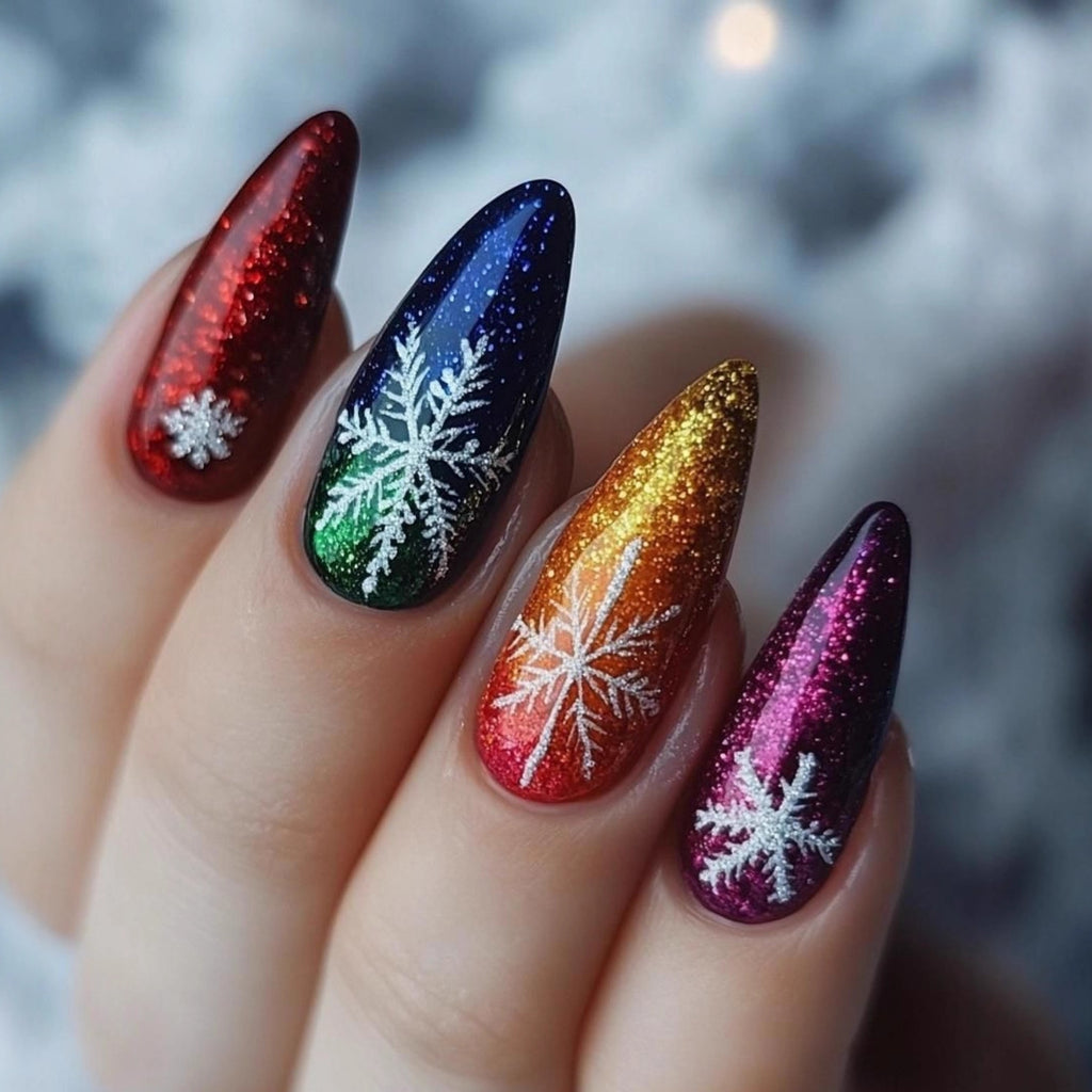 Christmas Gradient Snowflake Press On Nails – Colorful Fake Nail Tips 