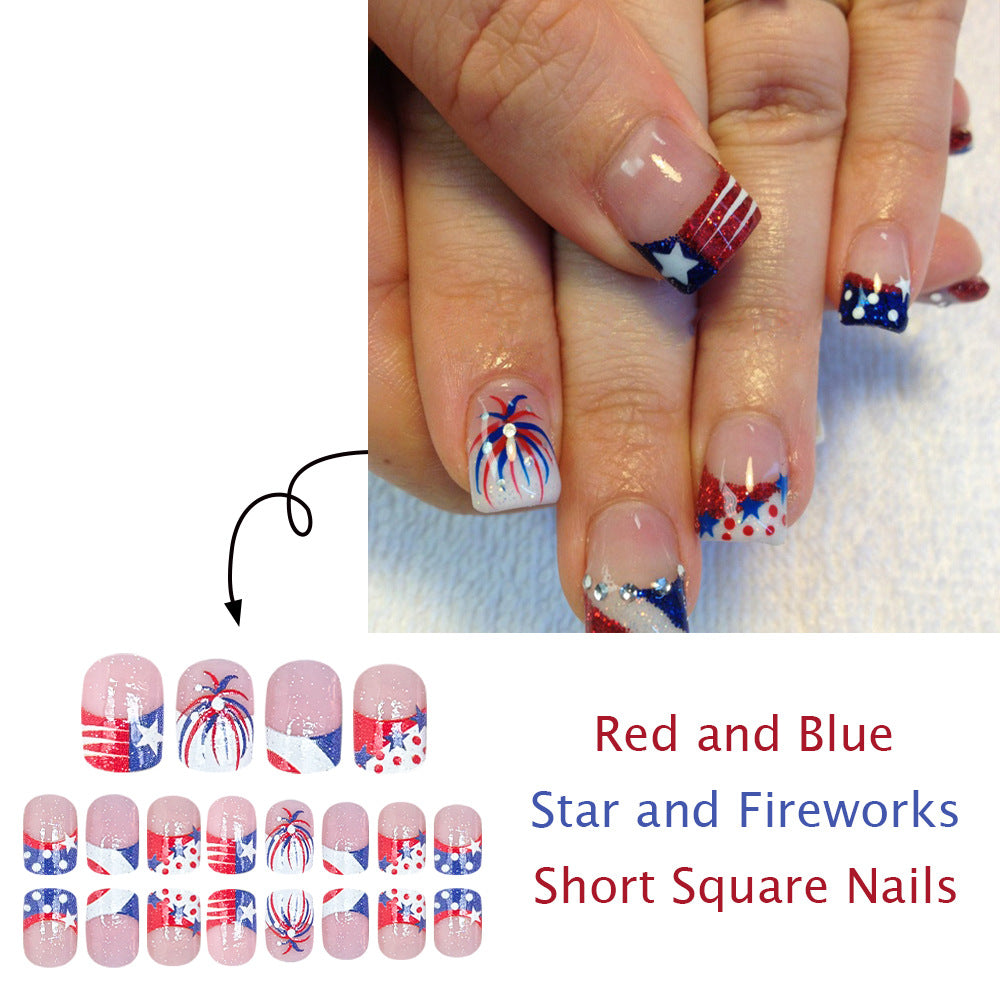 Independence Day USA Flag Fireworks Red Blue White Square Press On Nails 