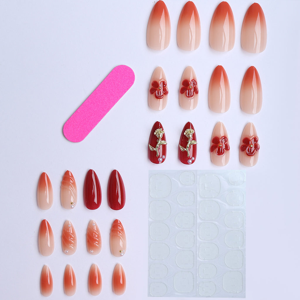 24pcs Almond Shape Press On Nails – Pearl Flower Glossy Fashion Fake Nails 