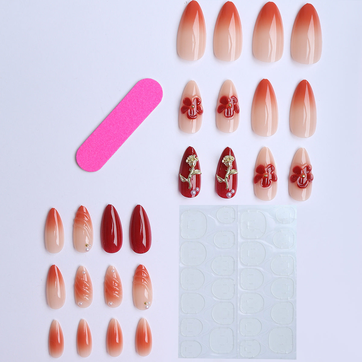24pcs Almond Shape Press On Nails – Pearl Flower Glossy Fashion Fake Nails 