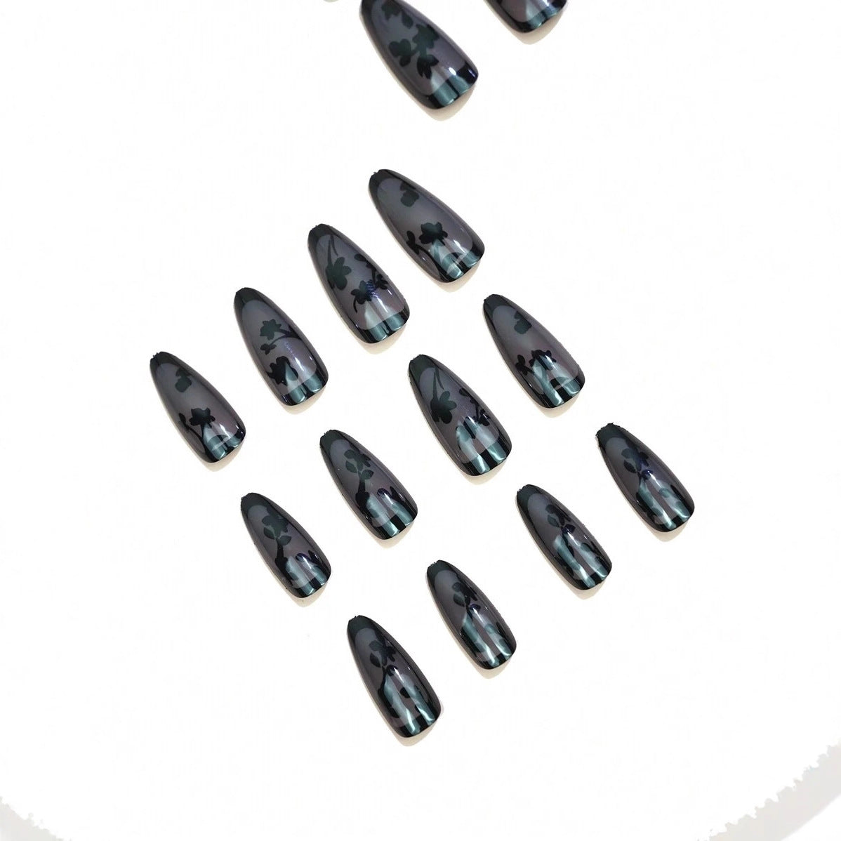 Black Flower Press On Nails – Short Almond Shape 24pcs 