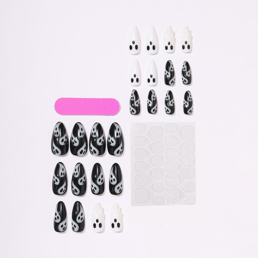 Halloween Ghost Press On Nails – 3D Black White Cartoon Design 24pcs 