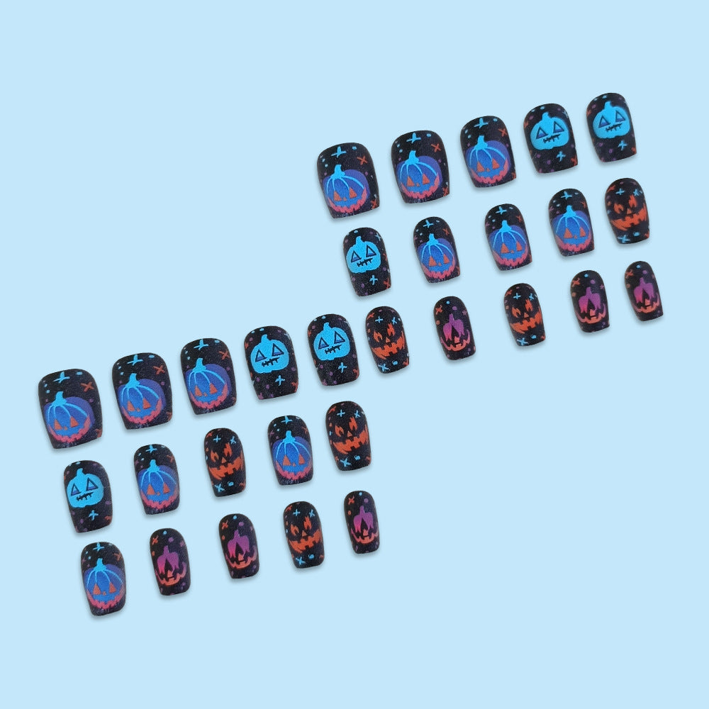 Halloween Press On Nails – 30pcs Pumpkin Face Short Fake Nail Tips 