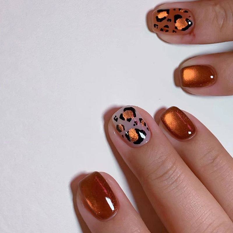 Orange Cat Eye Short Press On Nails – Leopard Print Hot Girl Style Fake Nails 