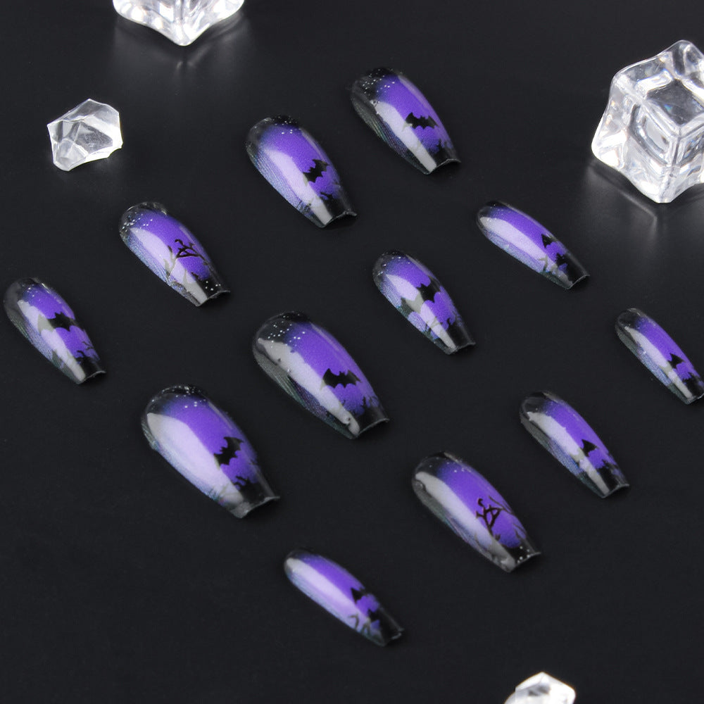 Halloween Press On Nails – 24pcs 3D Bat Design Black Purple Glossy Nails 