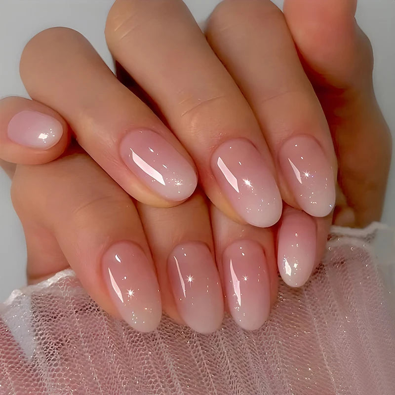 24Pcs Short Pink Oval Press-On Nails – Simple Spring Ombre Design