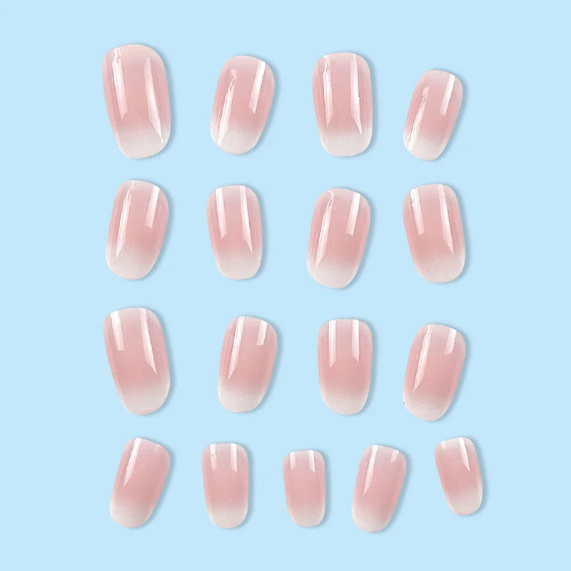 24Pcs Short Pink Oval Press-On Nails – Simple Spring Ombre Design