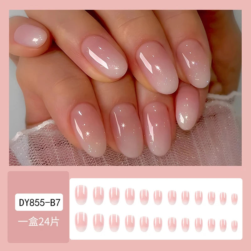 24Pcs Short Pink Oval Press-On Nails – Simple Spring Ombre Design