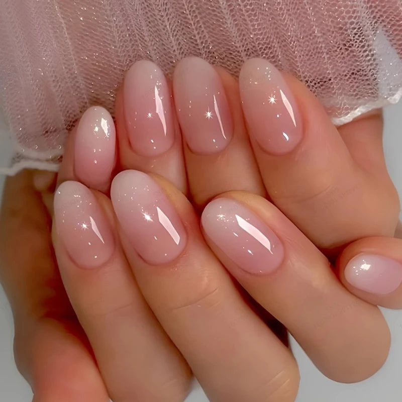 24Pcs Short Pink Oval Press-On Nails – Simple Spring Ombre Design