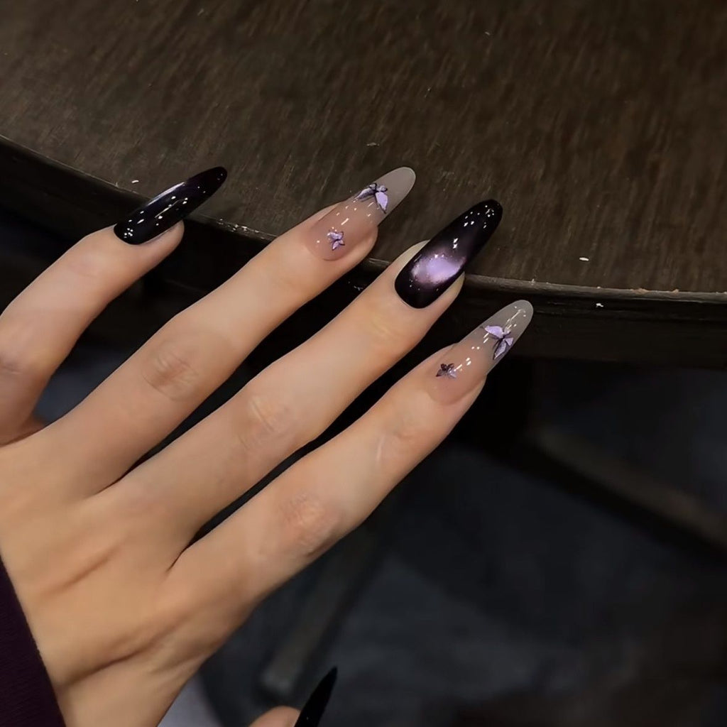 Butterfly Illusion – Handmade Blue Cat Eye Press On Nails with Sparkling Glam Look