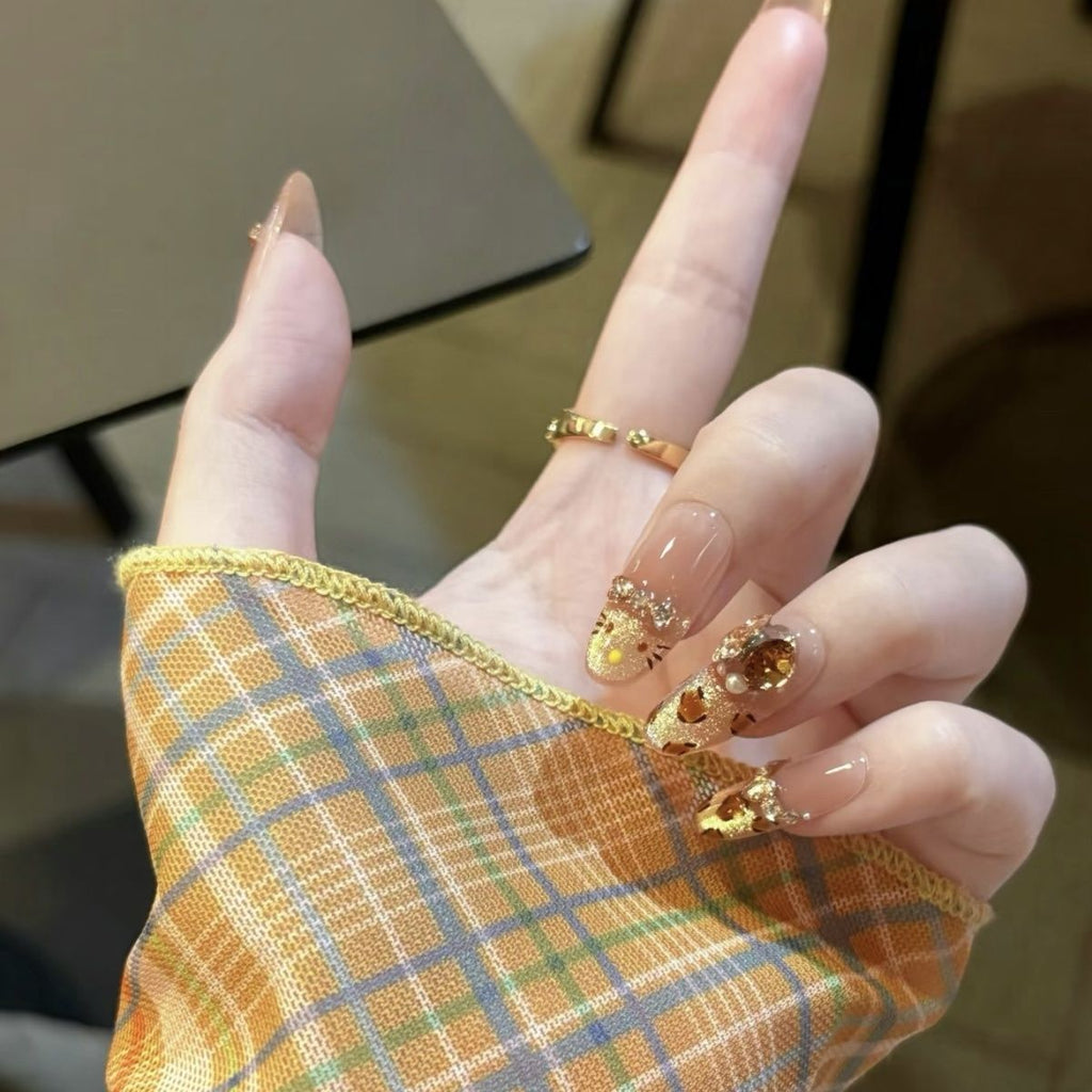 Leopard Kitty French Cat Eye Press On Nails – Handcrafted Sparkling Nude Design for Elegant Women 