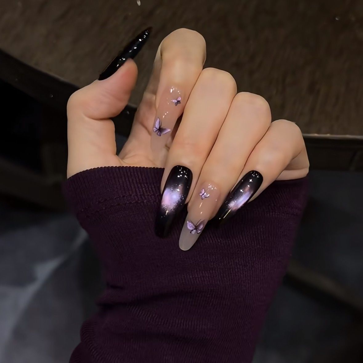 Butterfly Illusion – Handmade Blue Cat Eye Press On Nails with Sparkling Glam Look