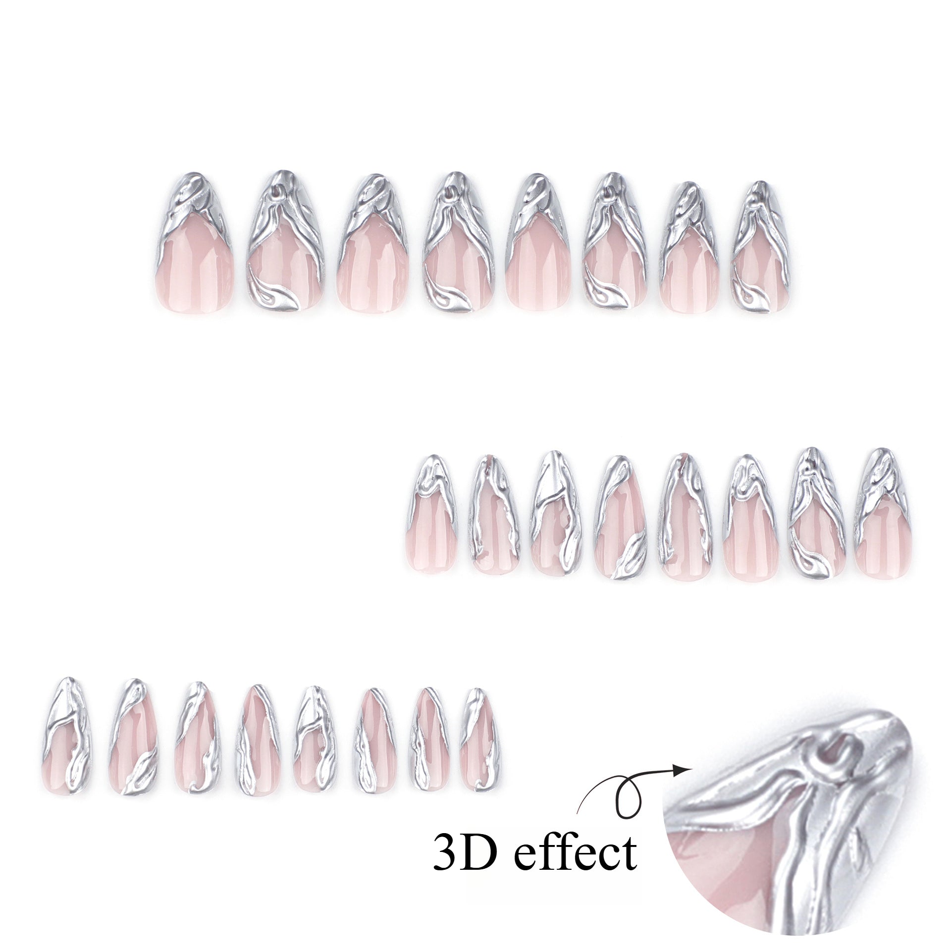 French Silver 3D Short Almond Press On Nails