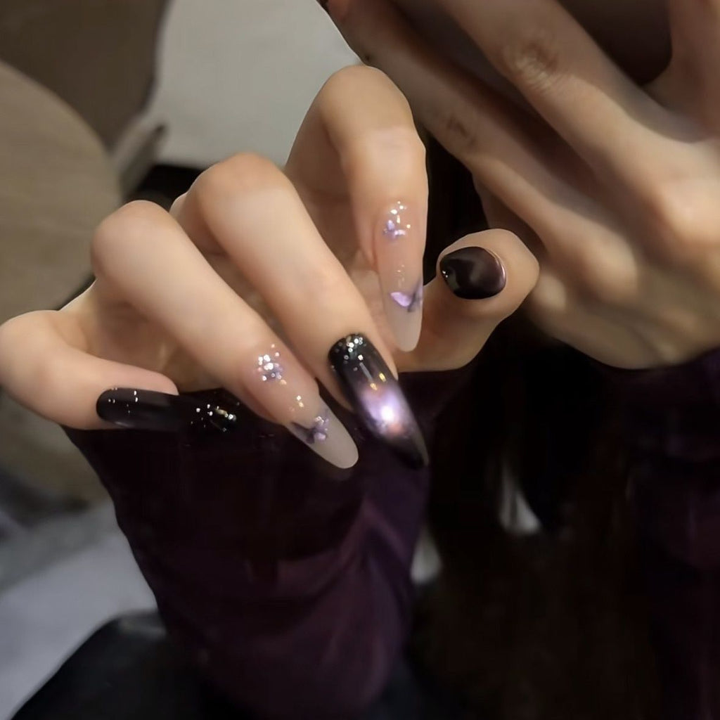 Butterfly Illusion – Handmade Blue Cat Eye Press On Nails with Sparkling Glam Look