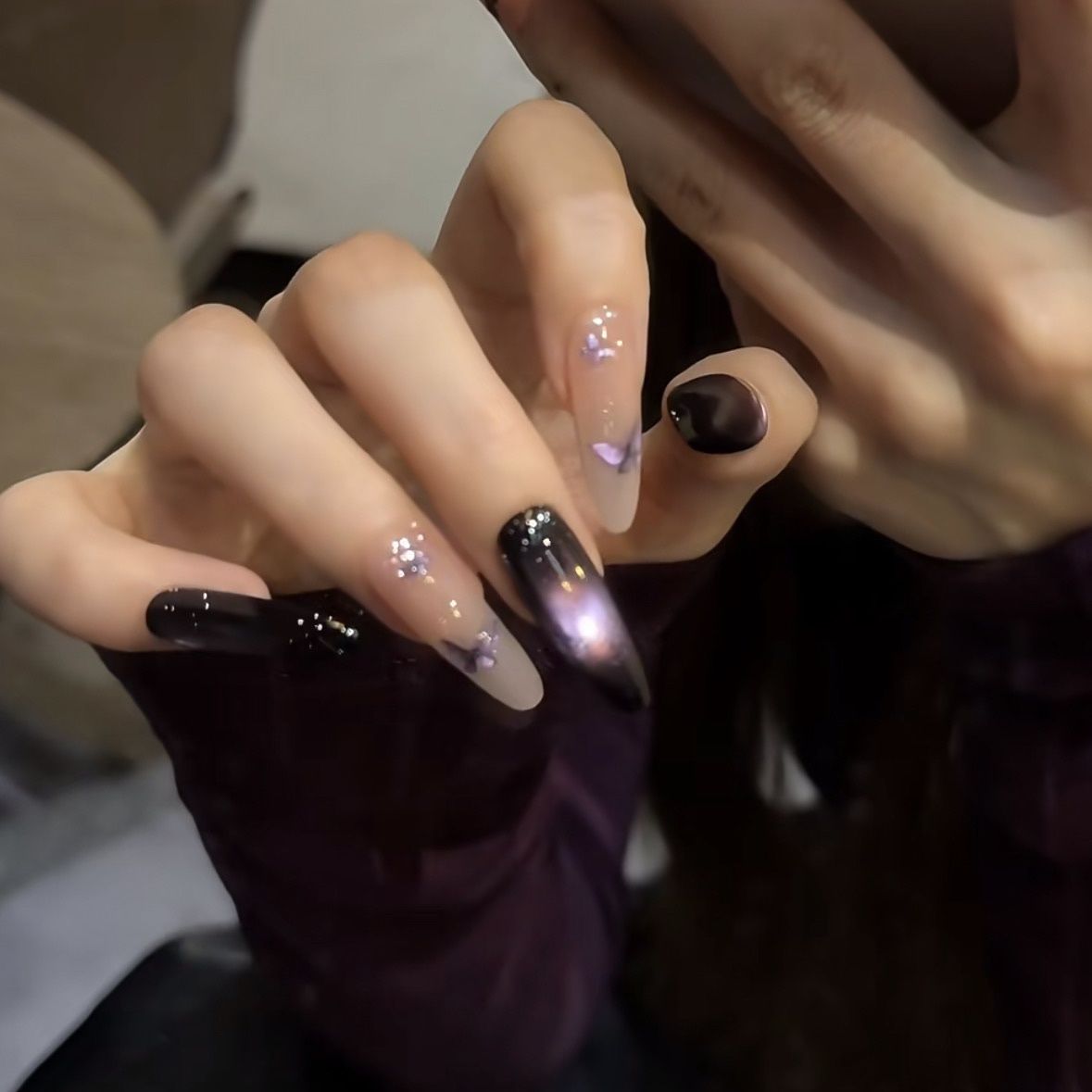 Butterfly Illusion – Handmade Blue Cat Eye Press On Nails with Sparkling Glam Look