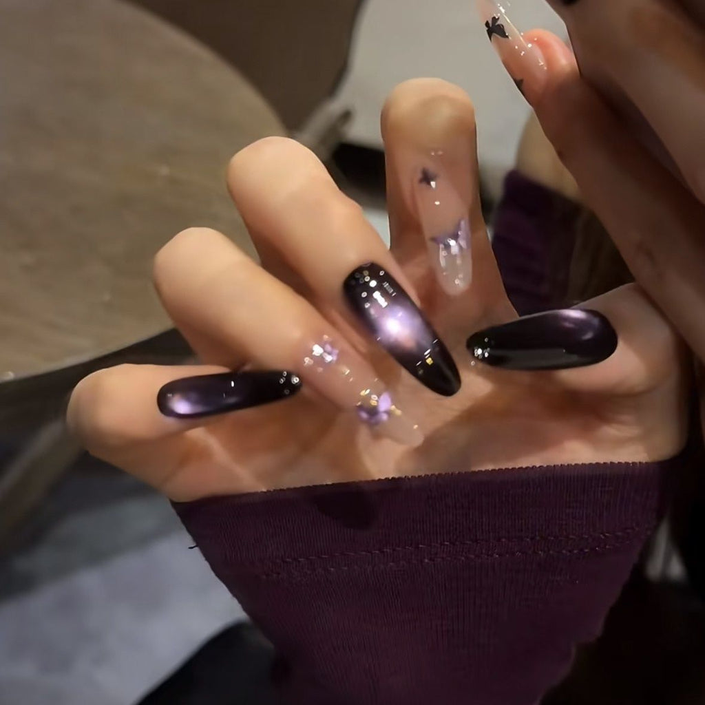 Butterfly Illusion – Handmade Blue Cat Eye Press On Nails with Sparkling Glam Look